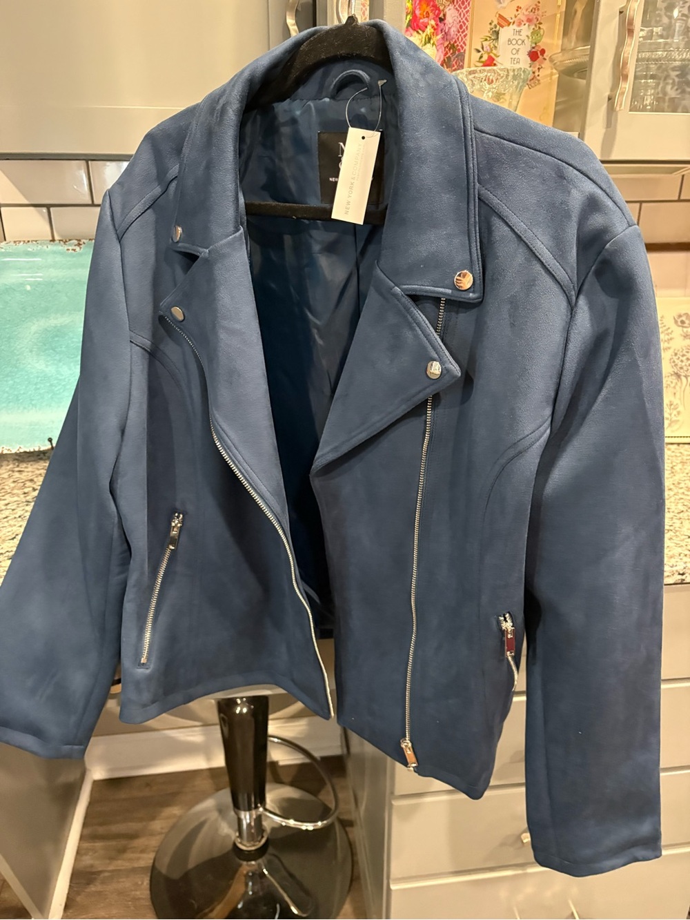 Navy Blue Faux Suede Moto Jacket - Women - Picture 3 of 9